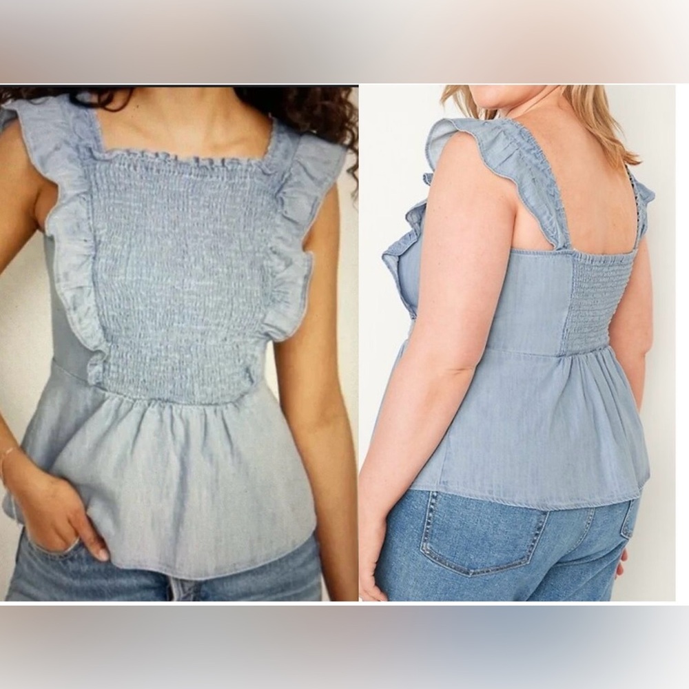 Old Navy Chambray Smocked Ruffle Sleeve Top M Blue Cottagecore Coastal Cowgirl